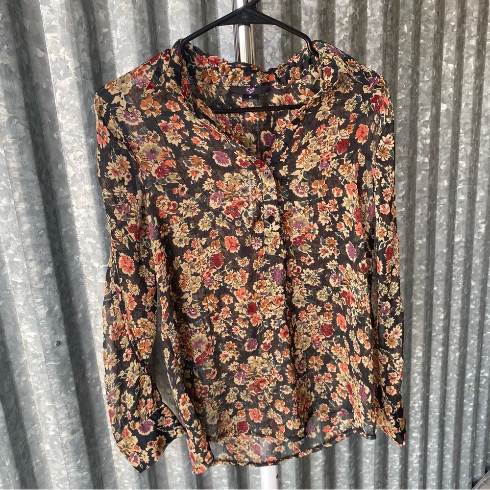 VTG Y2K 579 Multicolor Floral Chiffon Button Down Blouse Size Medium